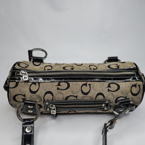 Guess Monogram Barrel Bag Satchel G Logo Canvas Black Patent Trim Purse Y2K - Picture 7 of 11